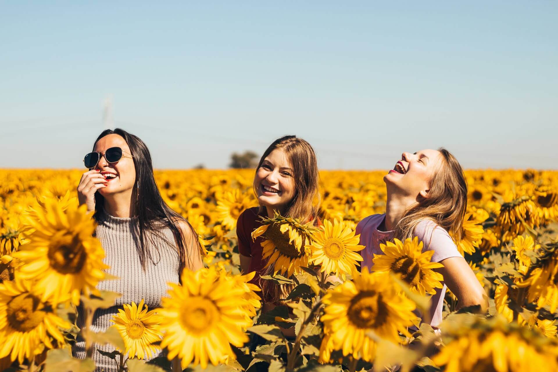 World Laughter Day : Women in sunflower farm laughing