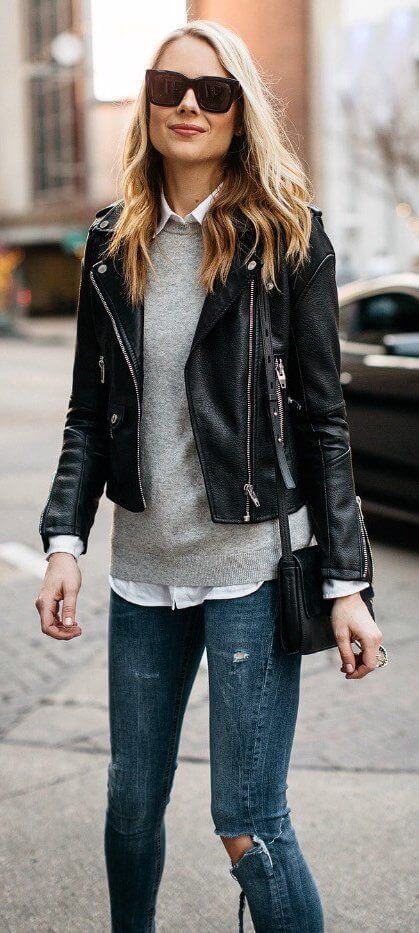 Pair Leather Jacket with a sweater or hoodie