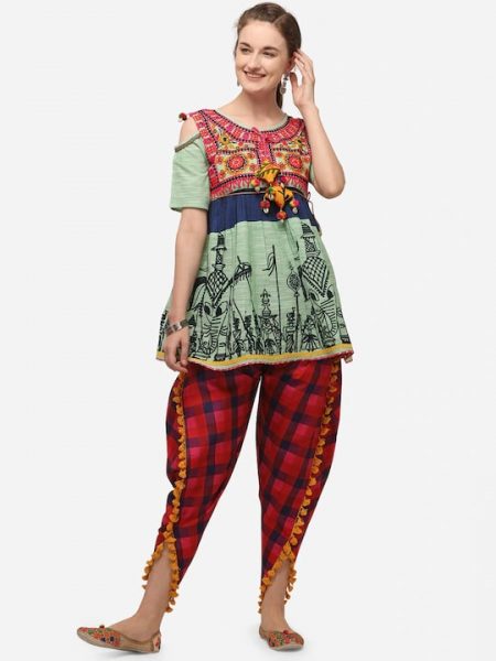 Green & Red Embellished Organic Cotton Kedia with Dhoti Pants